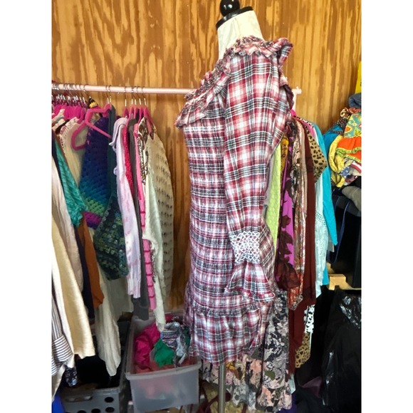 Pilcro Anthropologie Plaid Smocked Mini Dress Red Blue Off Shoulder Sz S Prarie - Picture 6 of 10